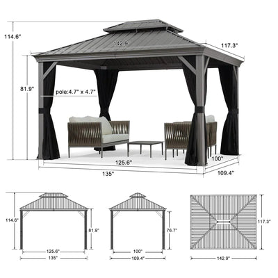 PURPLE LEAF – Pavillon de terrasse pour piscine, toit rigide gris clair en acier galvanisé avec rideaux améliorés
