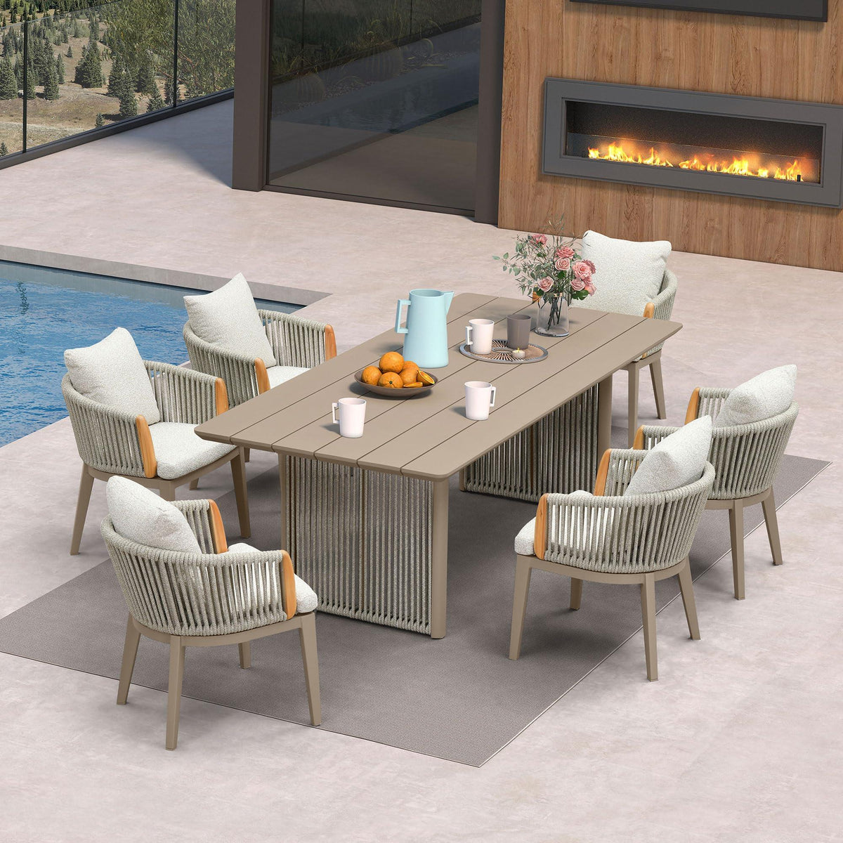 PURPLE LEAF Hailar – Ensemble repas extérieur familial avec table et chaises de terrasse en aluminium et coussins en oléfine
