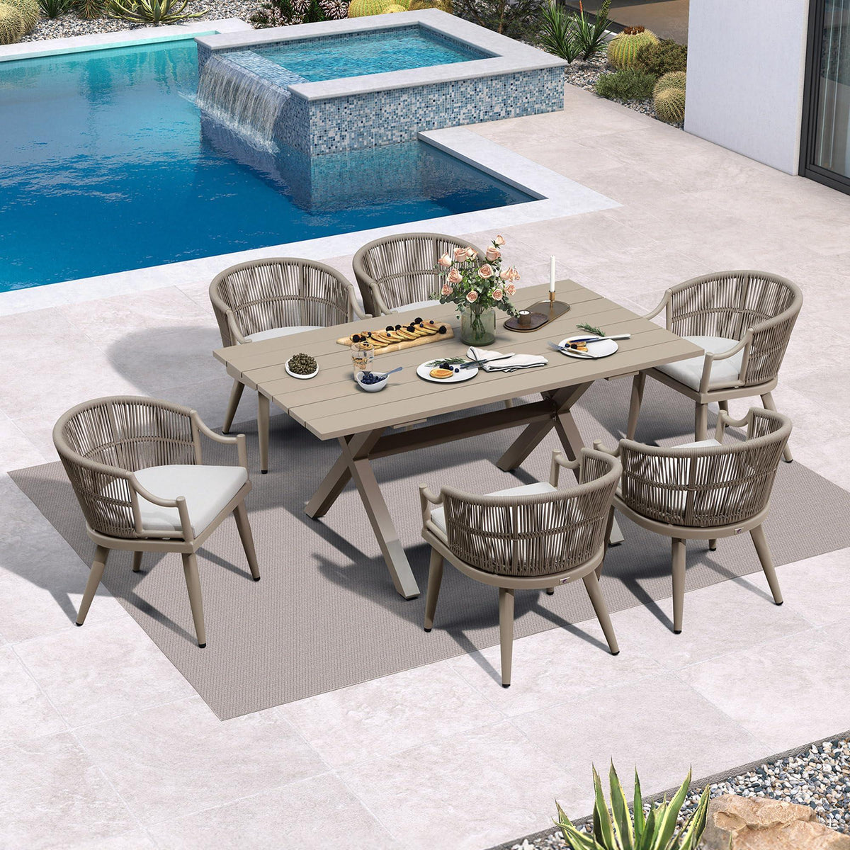 PURPLE LEAF – Ensemble repas extérieur toutes saisons en résine tressée avec table rectangulaire en aluminium et chaises modernes à accoudoirs
