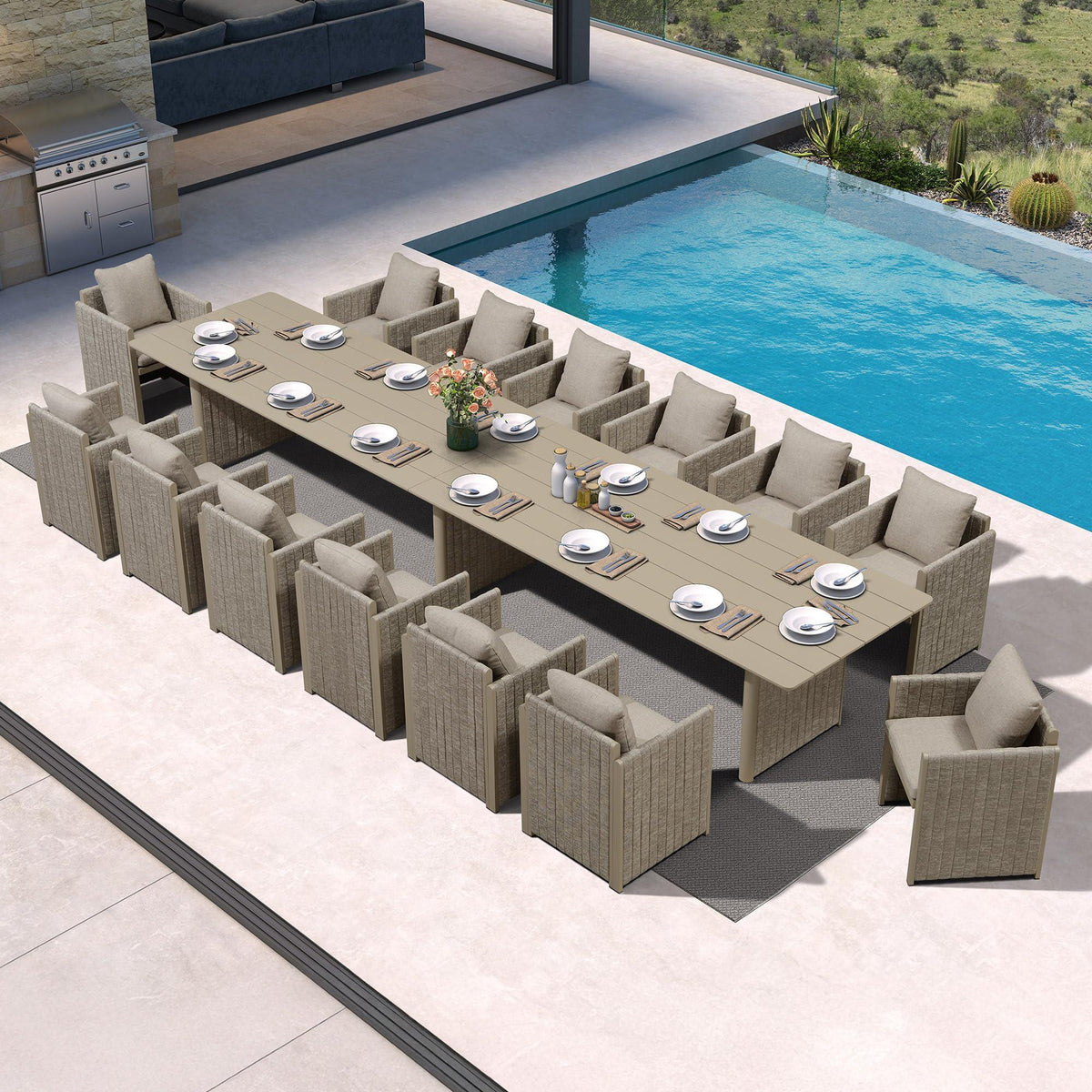 PURPLE LEAF Sanori – Grand ensemble repas moderne de terrasse avec table résistante aux intempéries et chaises en aluminium avec coussins, beige