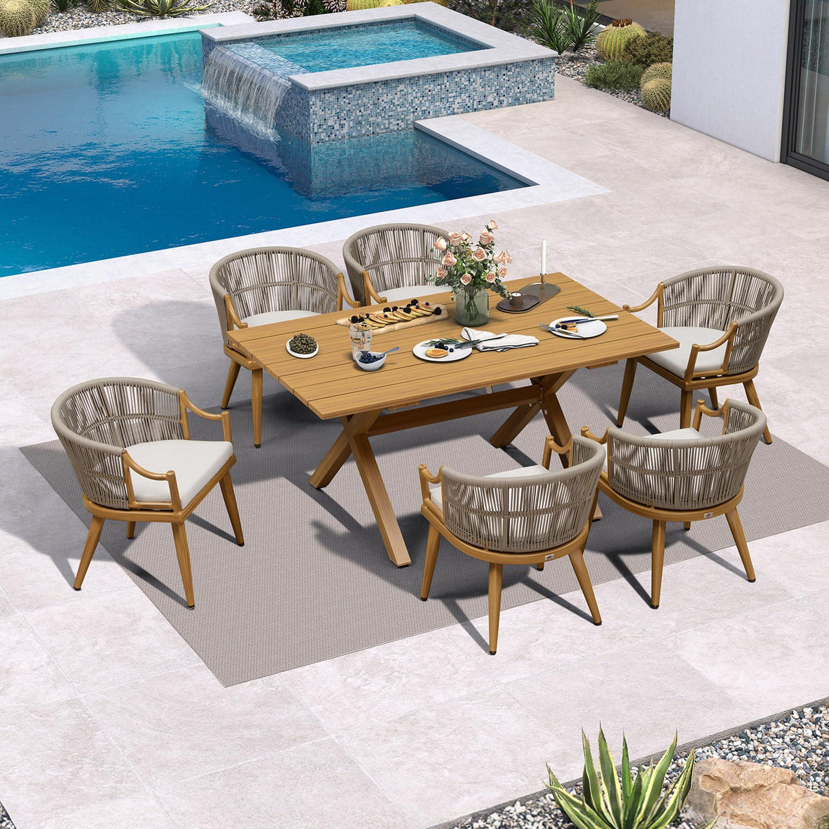 PURPLE LEAF – Ensemble repas extérieur toutes saisons en résine tressée avec table rectangulaire en aluminium et chaises modernes à accoudoirs
