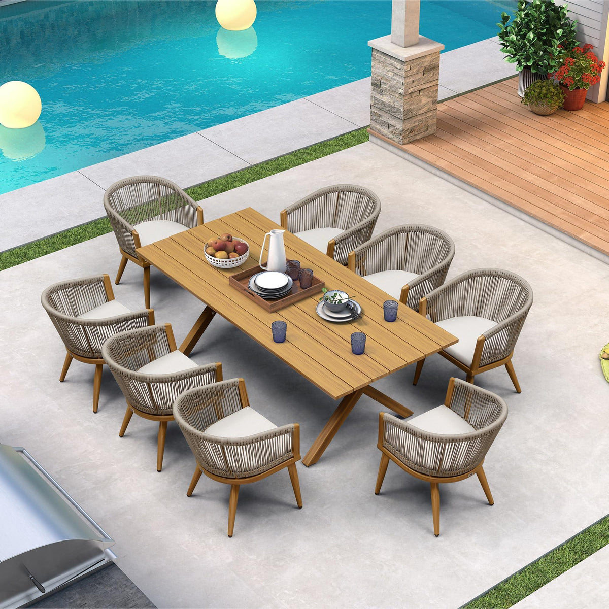 PURPLE LEAF – Ensemble repas extérieur toutes saisons en aluminium avec table effet bois, chaises tressées en corde et coussins de terrasse
