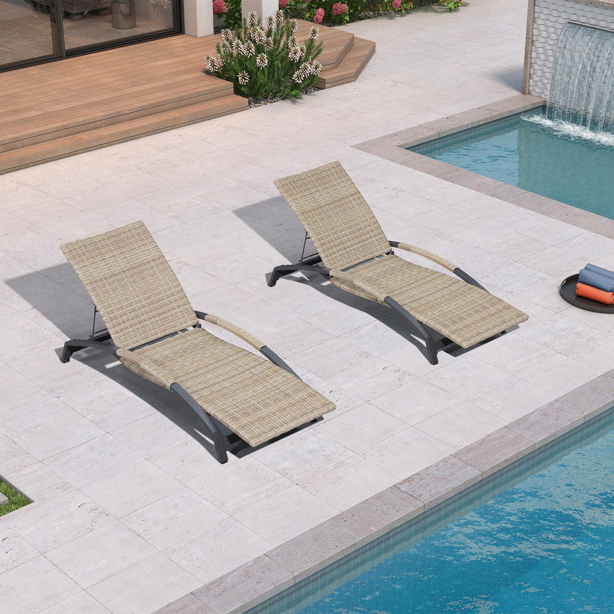 PURPLE LEAF – Lot de 2 chaises longues de terrasse en résine tressée, inclinables et réglables pour piscine, plage et bain de soleil