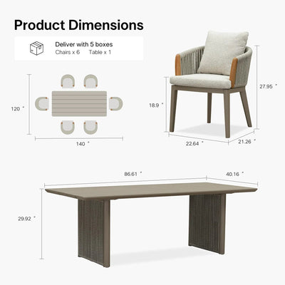 PURPLE LEAF Hailar – Ensemble repas extérieur familial avec table et chaises de terrasse en aluminium et coussins en oléfine