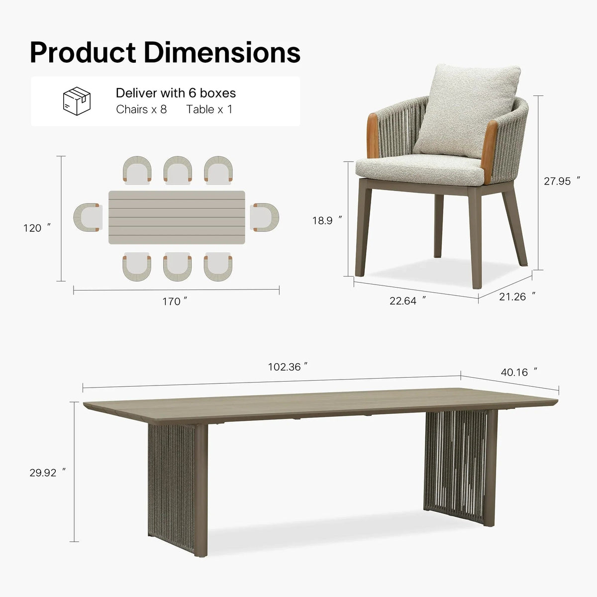 PURPLE LEAF Hailar – Ensemble repas extérieur familial avec table et chaises de terrasse en aluminium et coussins en oléfine