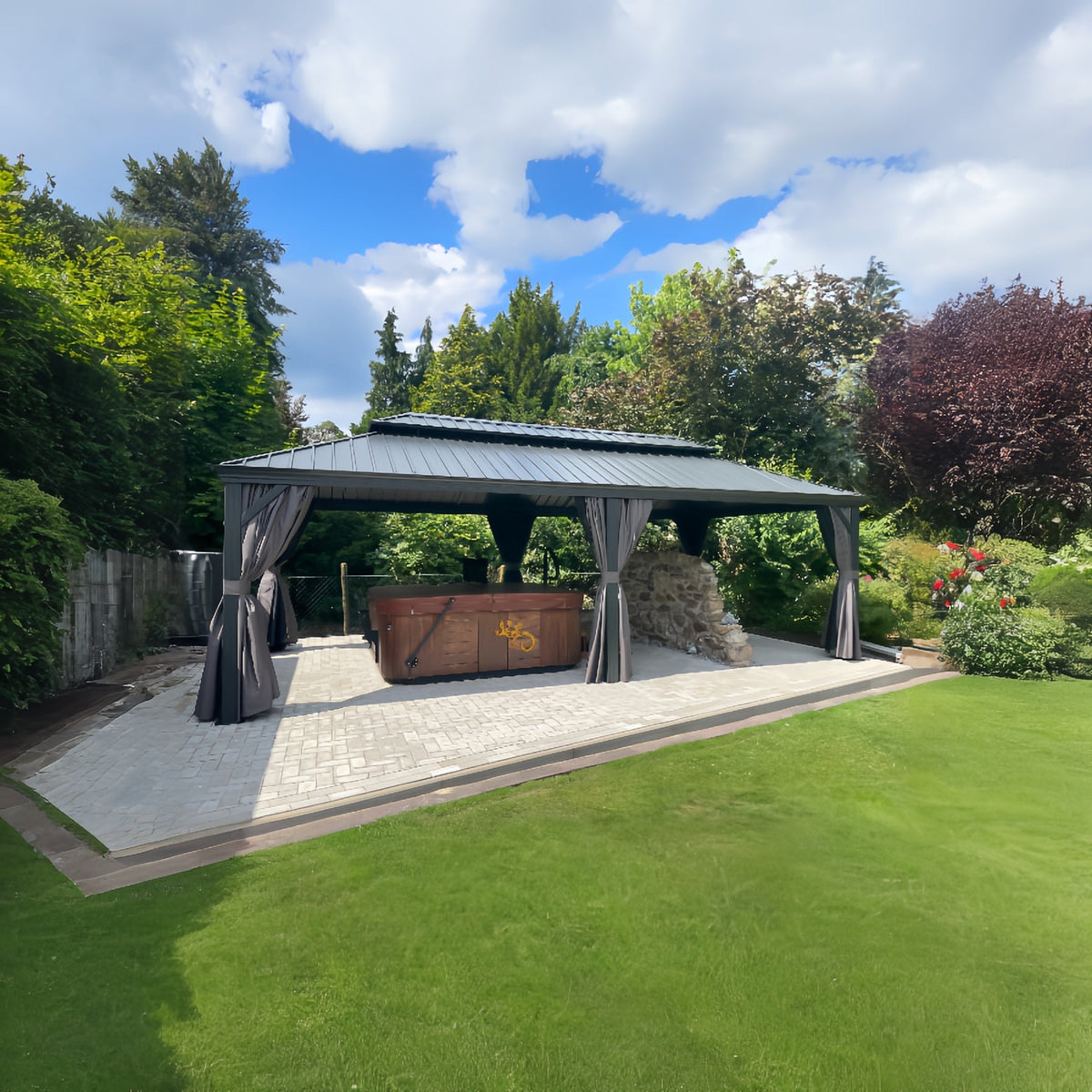 PURPLE LEAF – Pavillon de terrasse pour jardin, toit rigide gris en acier galvanisé avec rideau amélioré