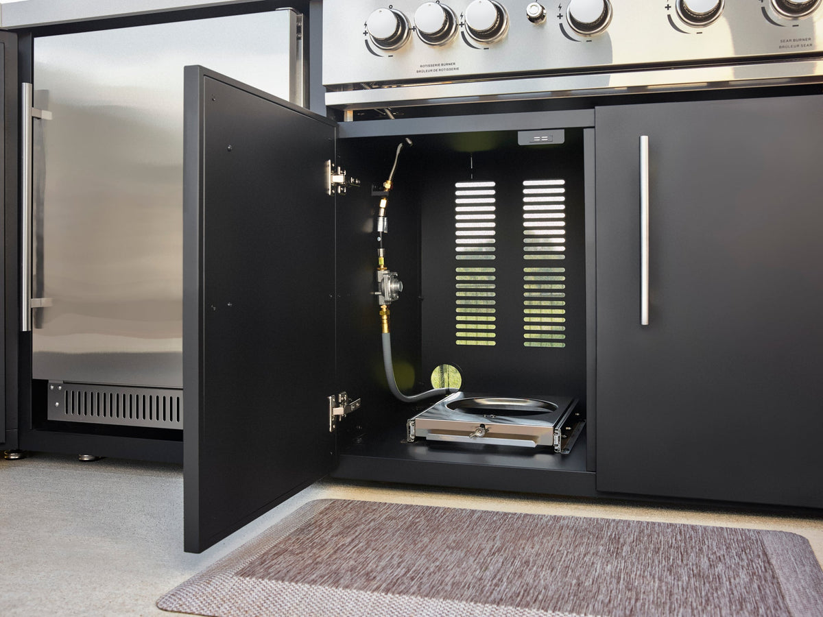Emory | Îlot de cuisine extérieure d’angle avec barbecue encastrable et four à pizza