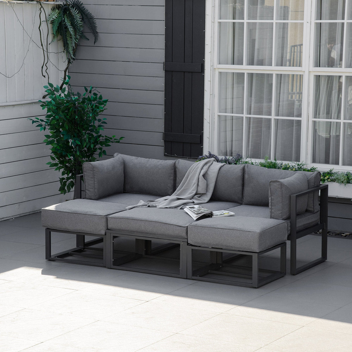 Ensemble mobilier de terrasse extérieur 6 pièces avec lit de repos et repose-pieds, gris
