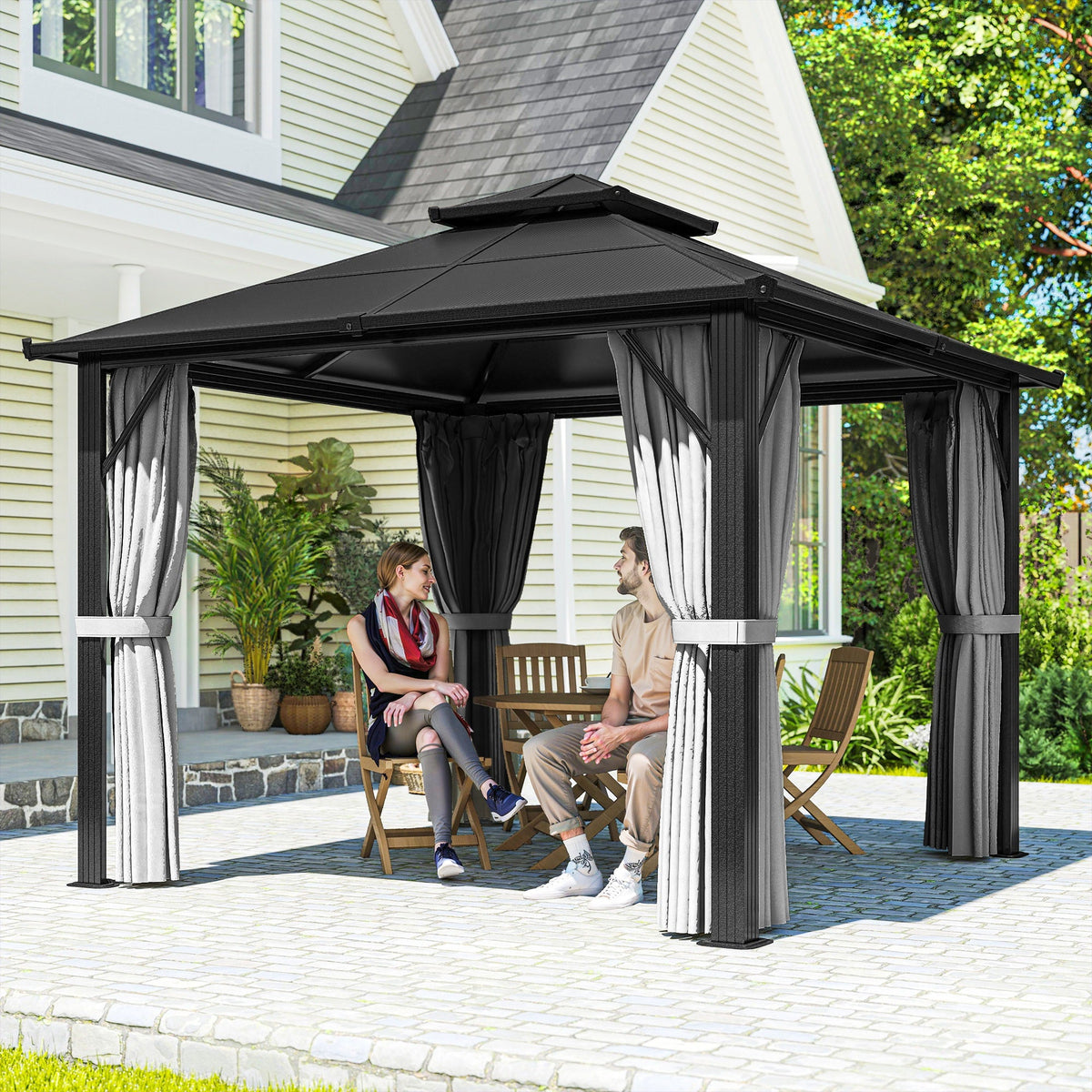 Pavillon à toit rigide 3 x 3m avec double toit en polycarbonate, rideaux et moustiquaires, gris