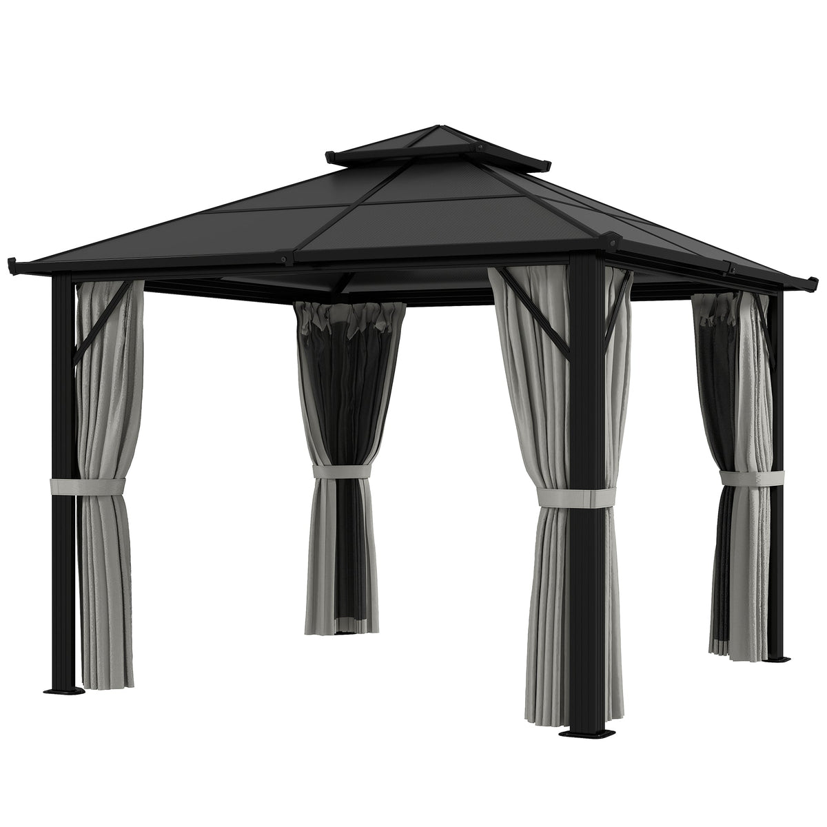 Pavillon à toit rigide 3 x 3m avec double toit en polycarbonate, rideaux et moustiquaires, gris