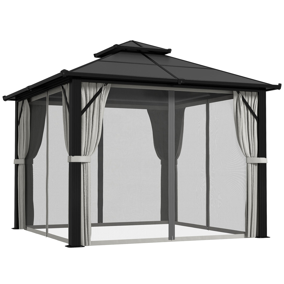 Pavillon à toit rigide 3 x 3m avec double toit en polycarbonate, rideaux et moustiquaires, gris
