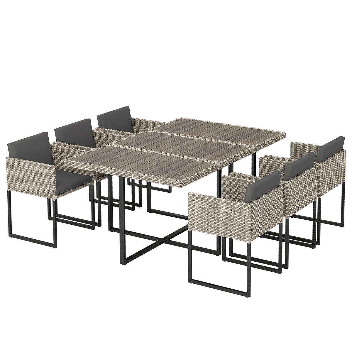 Ensemble repas en rotin 7 pièces gris clair avec table WPC, 6 chaises et 12 coussins