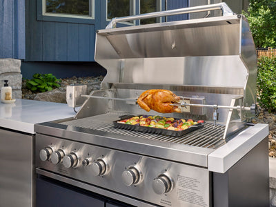 Emory | Îlot de cuisine extérieure d’angle avec barbecue encastrable et four à pizza