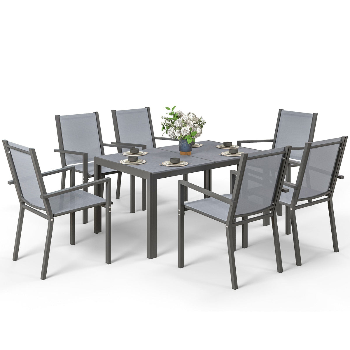 Ensemble repas de terrasse 7 pièces avec table WPC et 6 chaises empilables, gris clair