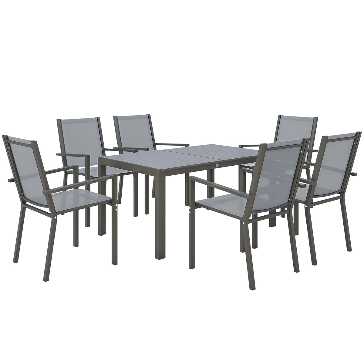 Ensemble repas de terrasse 7 pièces avec table WPC et 6 chaises empilables, gris clair
