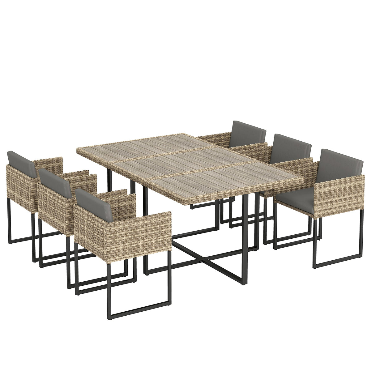 Ensemble repas en rotin 7 pièces marron clair avec table WPC, 6 chaises et 12 coussins