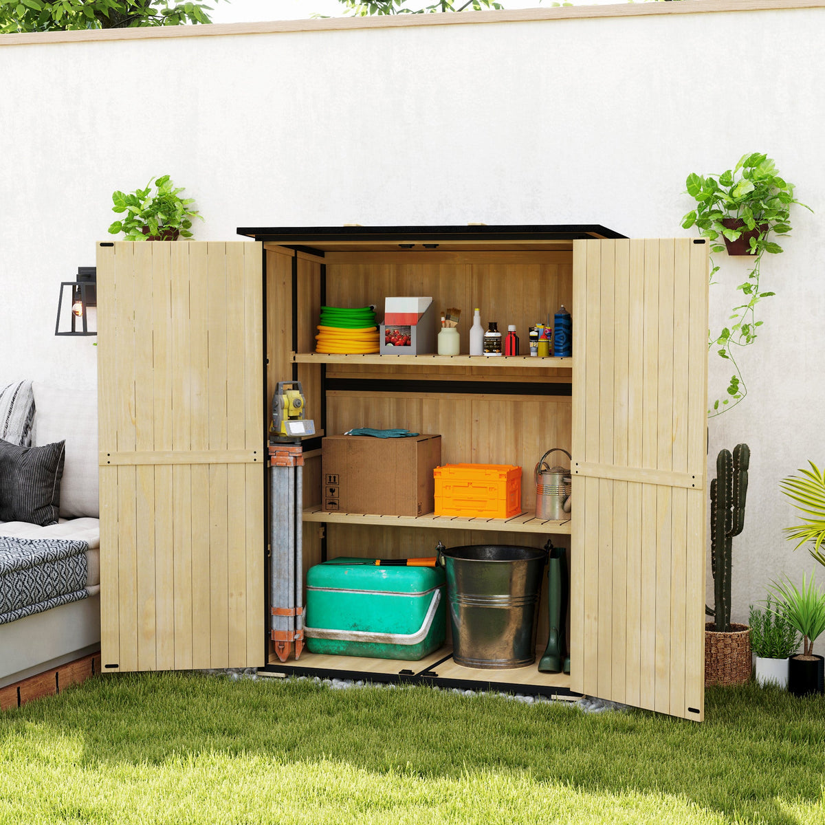 Armoire de rangement extérieure en bois avec 2 étagères, Natural