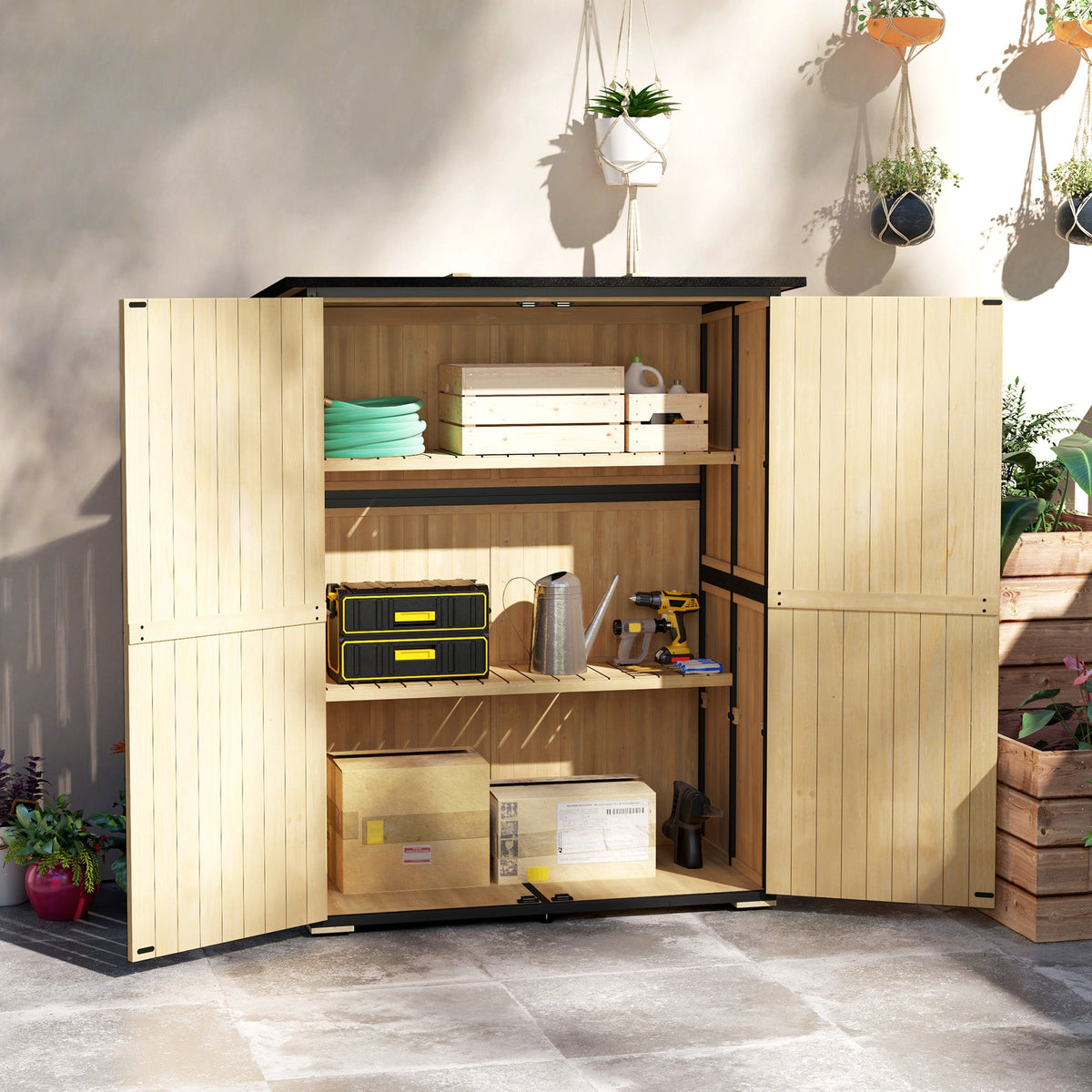 Armoire de rangement extérieure en bois avec 2 étagères, Natural
