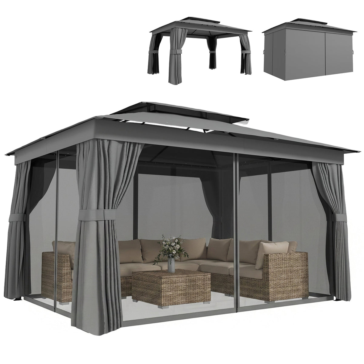 Pavillon extérieur 10' x 12.5' avec double toit, rideaux et moustiquaires, gris foncé