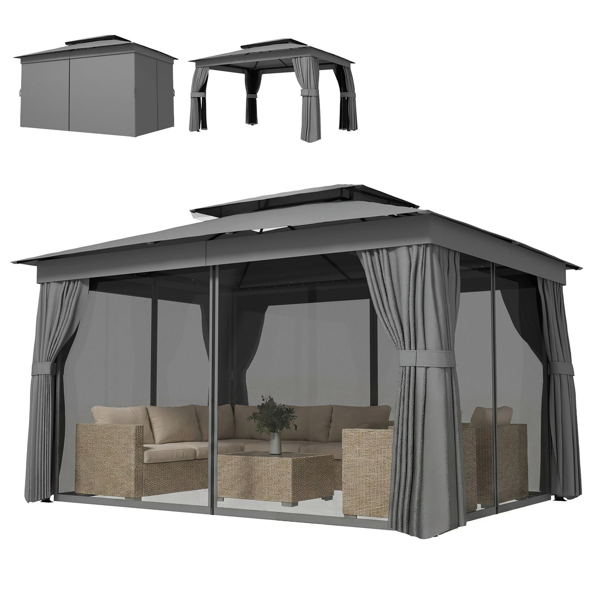 Pavillon extérieur 10' x 12.5' avec double toit, rideaux et moustiquaires, gris foncé
