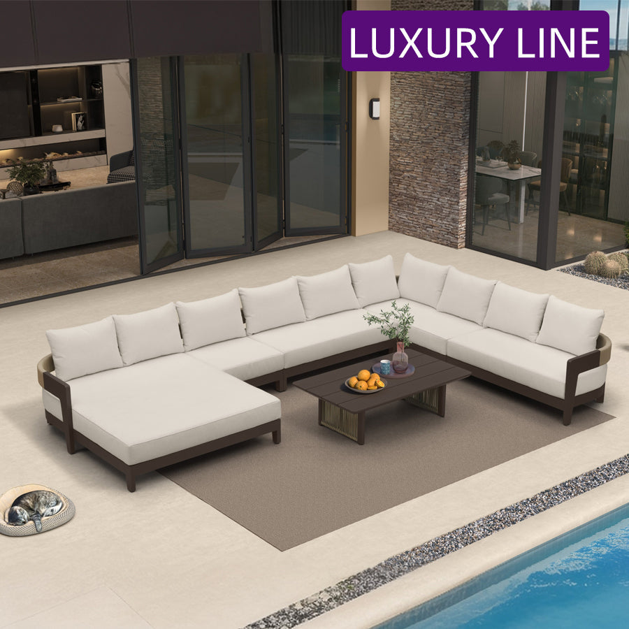 PURPLE LEAF Tuscany – Ensemble salon de terrasse en U avec structure en aluminium bronze, coussins et oreillers amovibles