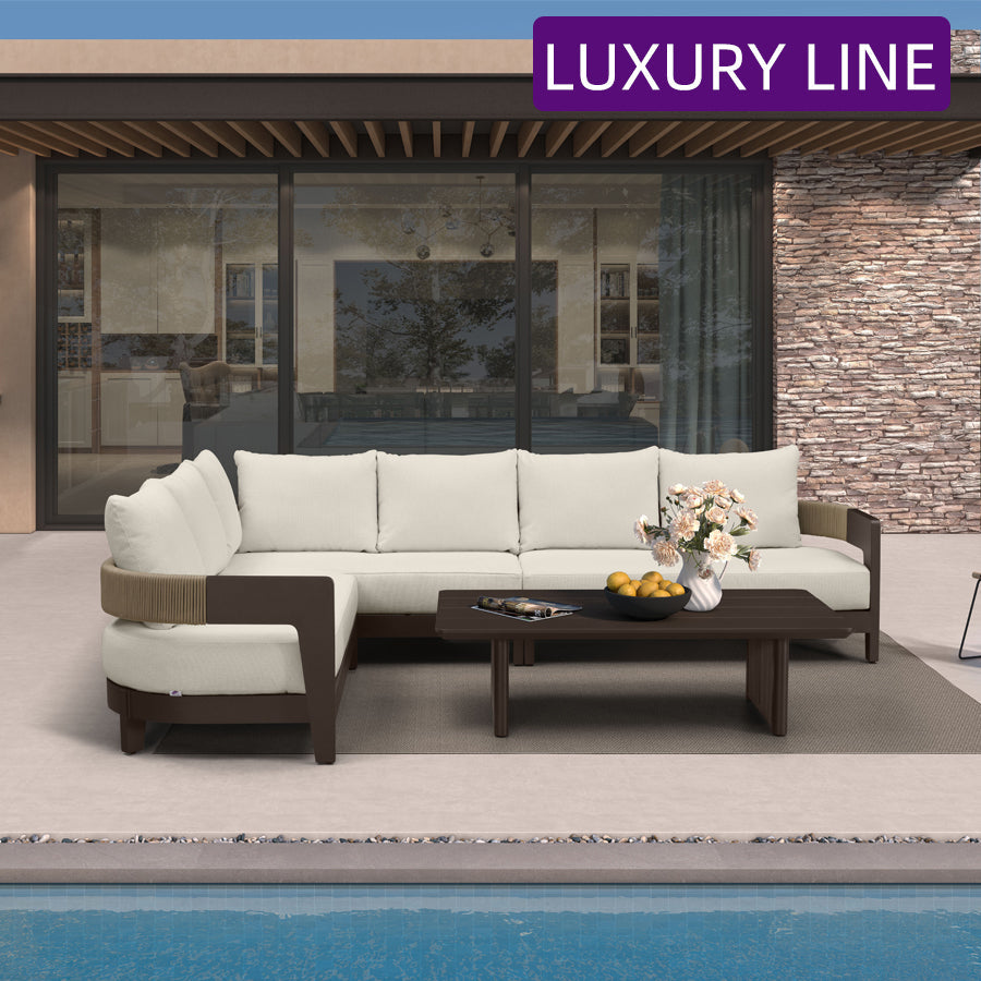 PURPLE LEAF Tuscany – Ensemble salon de terrasse en L avec structure en aluminium bronze, coussins et oreillers amovibles
