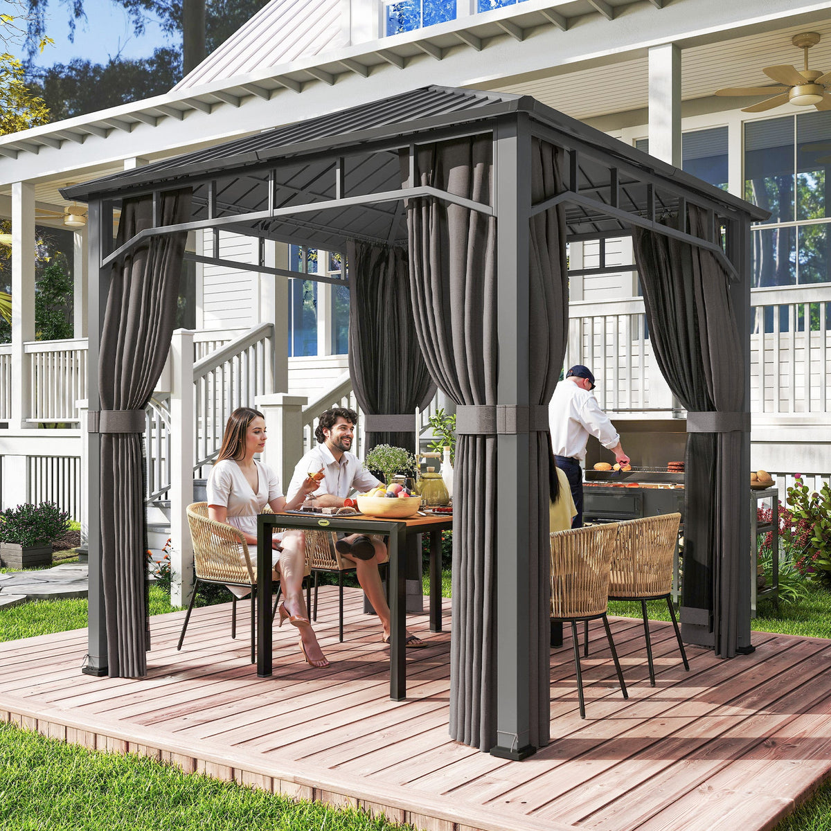 Pavillon à toit rigide 2.5 x 2.5 m avec toit galvanisé, moustiquaires et rideaux, gris foncé