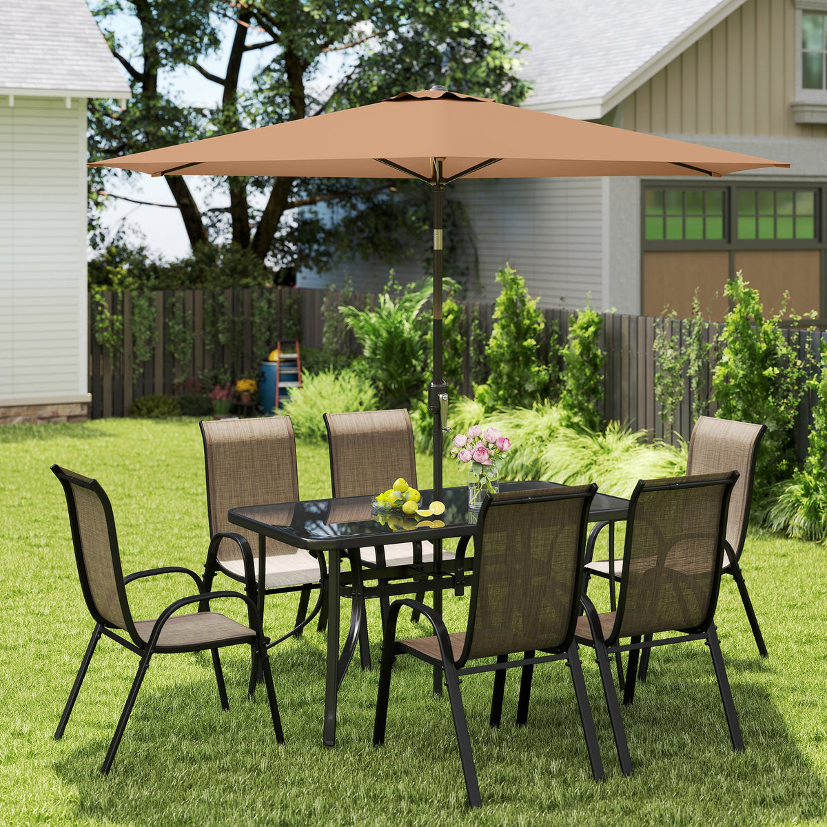 Ensemble repas de terrasse 8 pièces avec parasol 9 Ft, Mixed Brown
