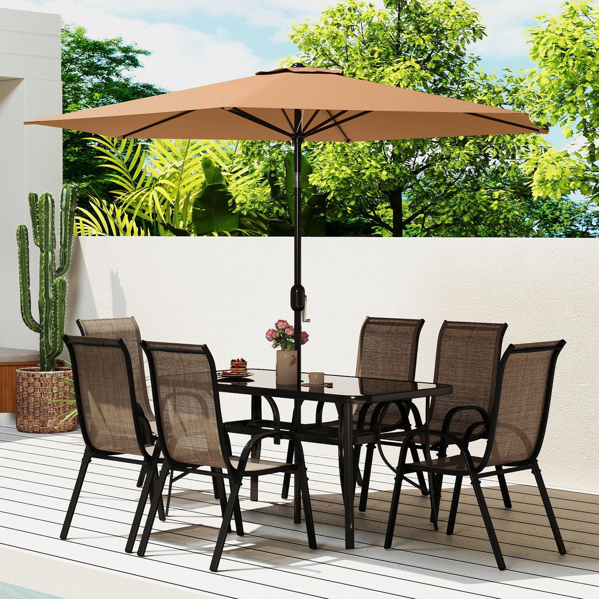Ensemble repas de terrasse 8 pièces avec parasol 9 Ft, Mixed Brown