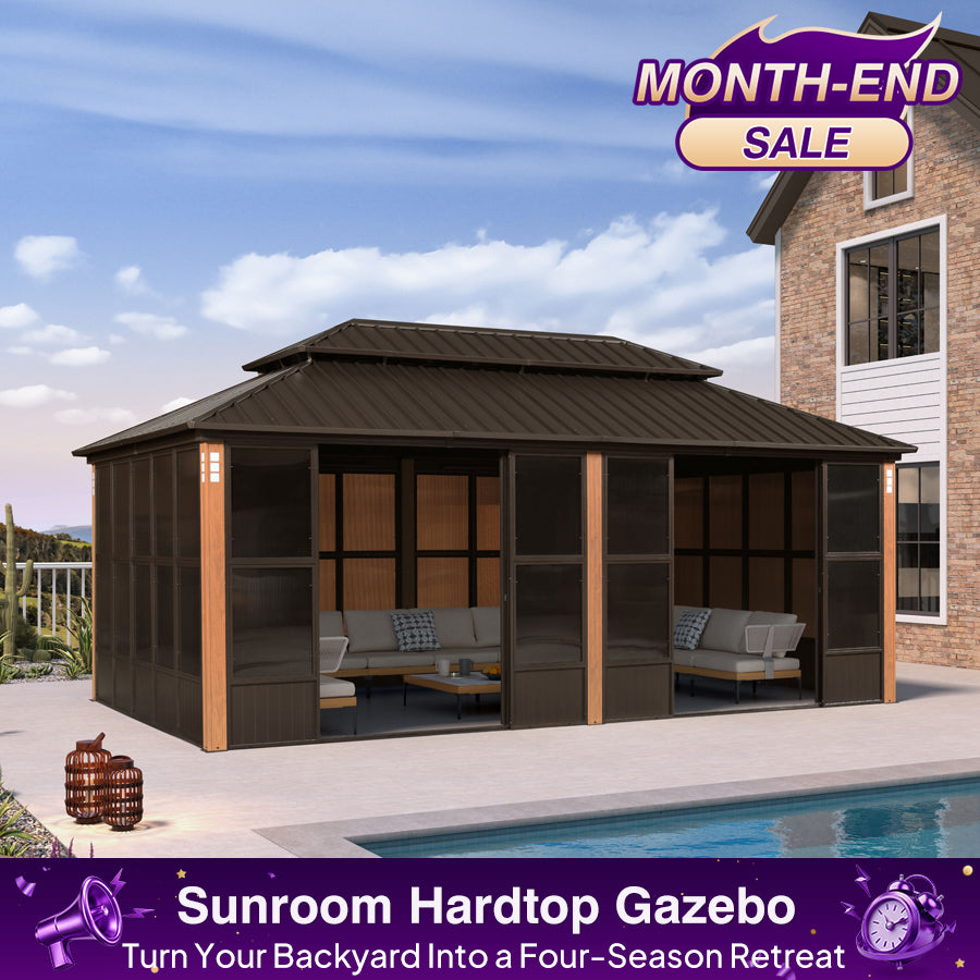 PURPLE LEAF – Pavillon-solarium à toit rigide avec structure bronze, colonnes effet bois et double toit en acier galvanisé toutes saisons