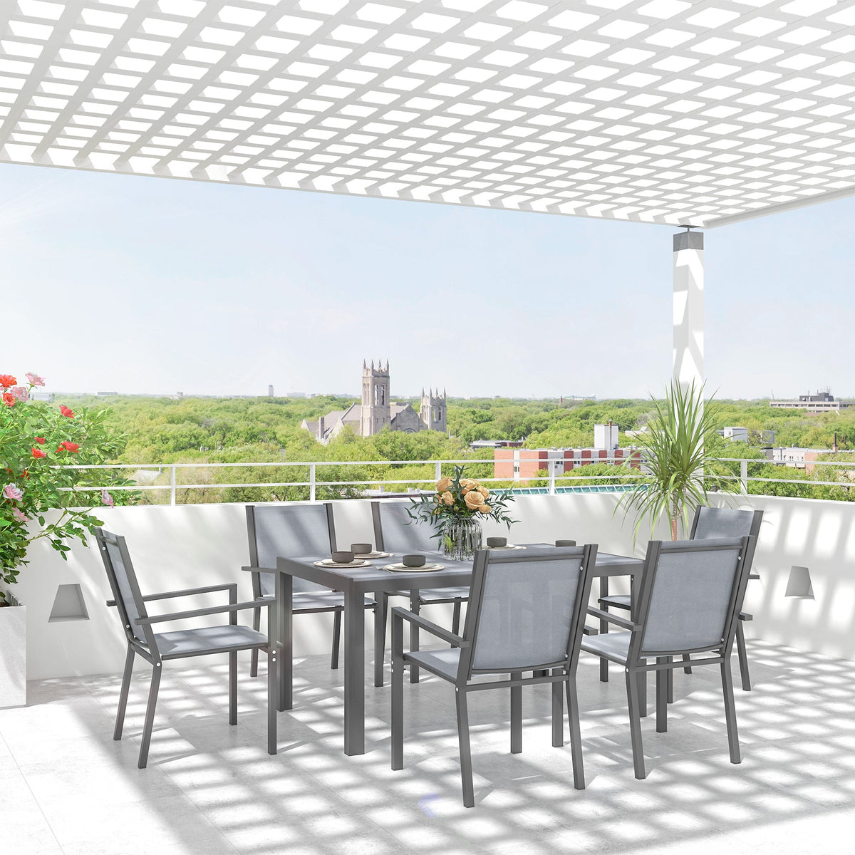 Ensemble repas de terrasse 7 pièces avec table WPC et 6 chaises empilables, gris clair