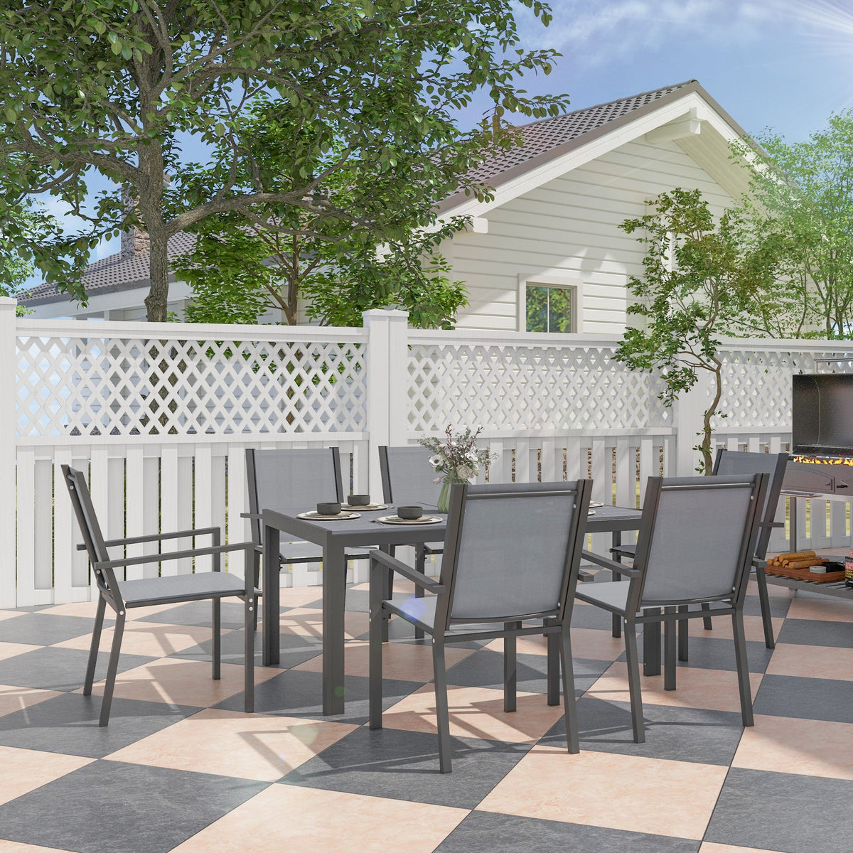 Ensemble repas de terrasse 7 pièces avec table WPC et 6 chaises empilables, gris clair