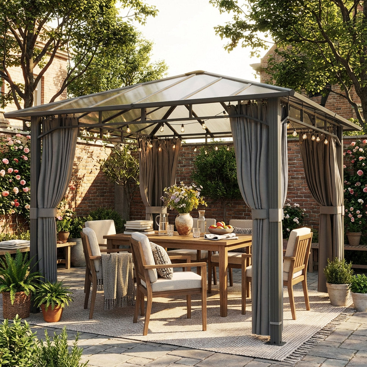 Pavillon à toit rigide 3 x 3 m avec toit en polycarbonate et rideaux, Tan