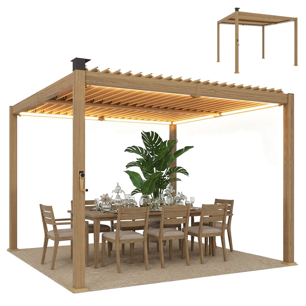 Pergola à lames orientables 10' x 10' avec éclairage LED solaire et toit réglable, marron