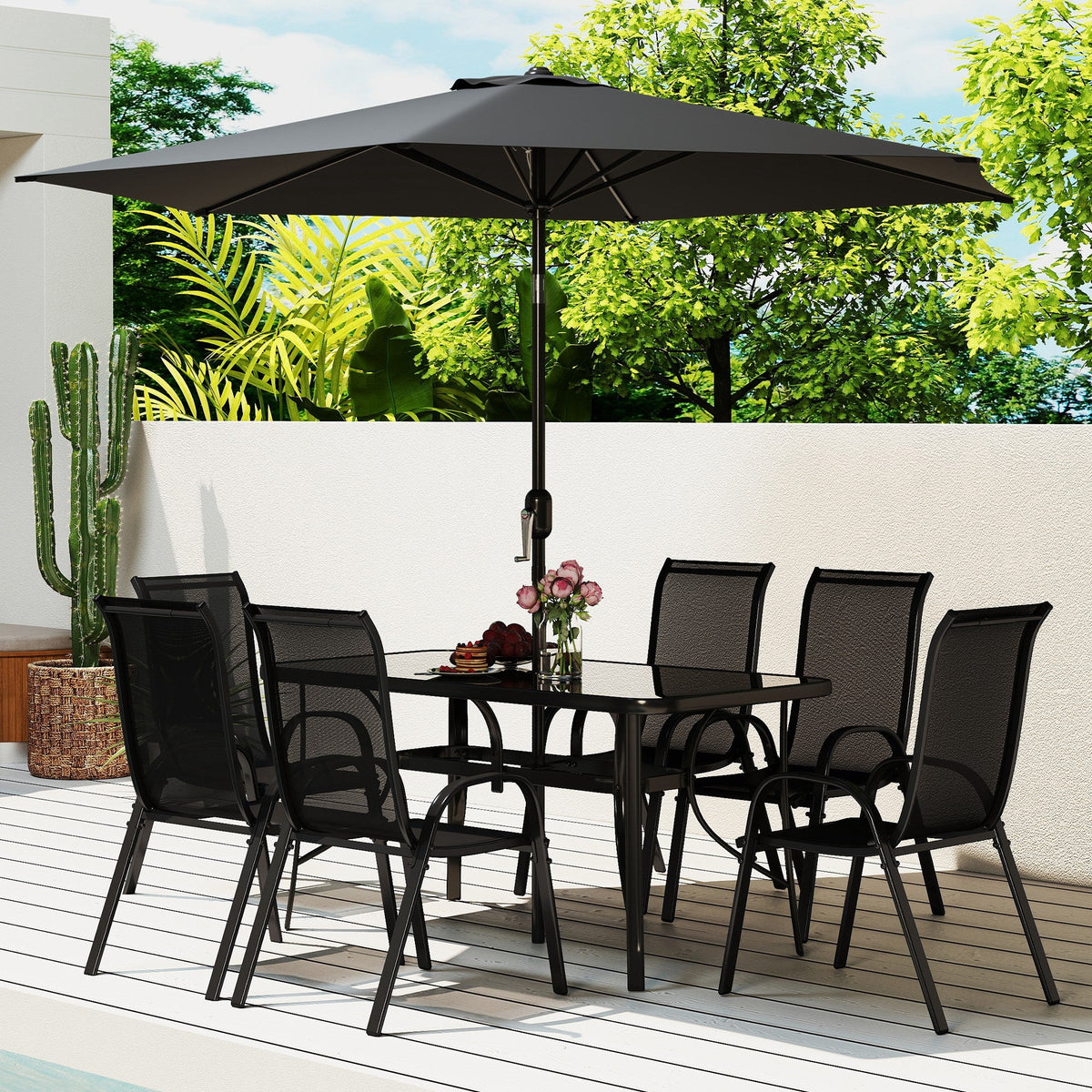 Ensemble repas de terrasse 8 pièces avec parasol 9 Ft, noir