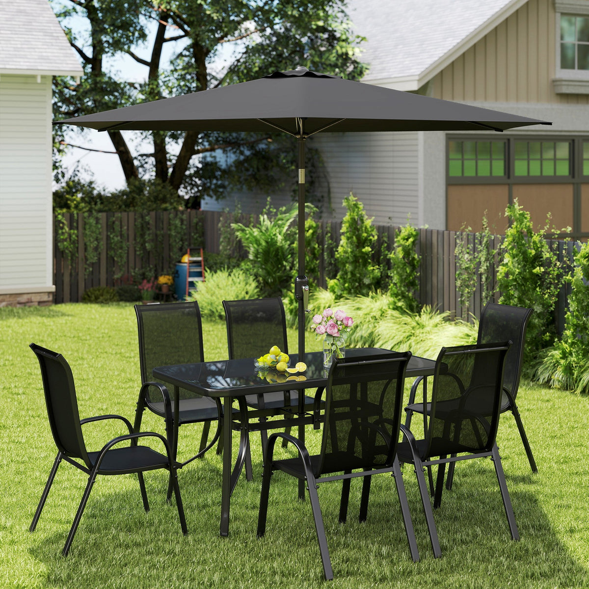 Ensemble repas de terrasse 8 pièces avec parasol 9 Ft, noir