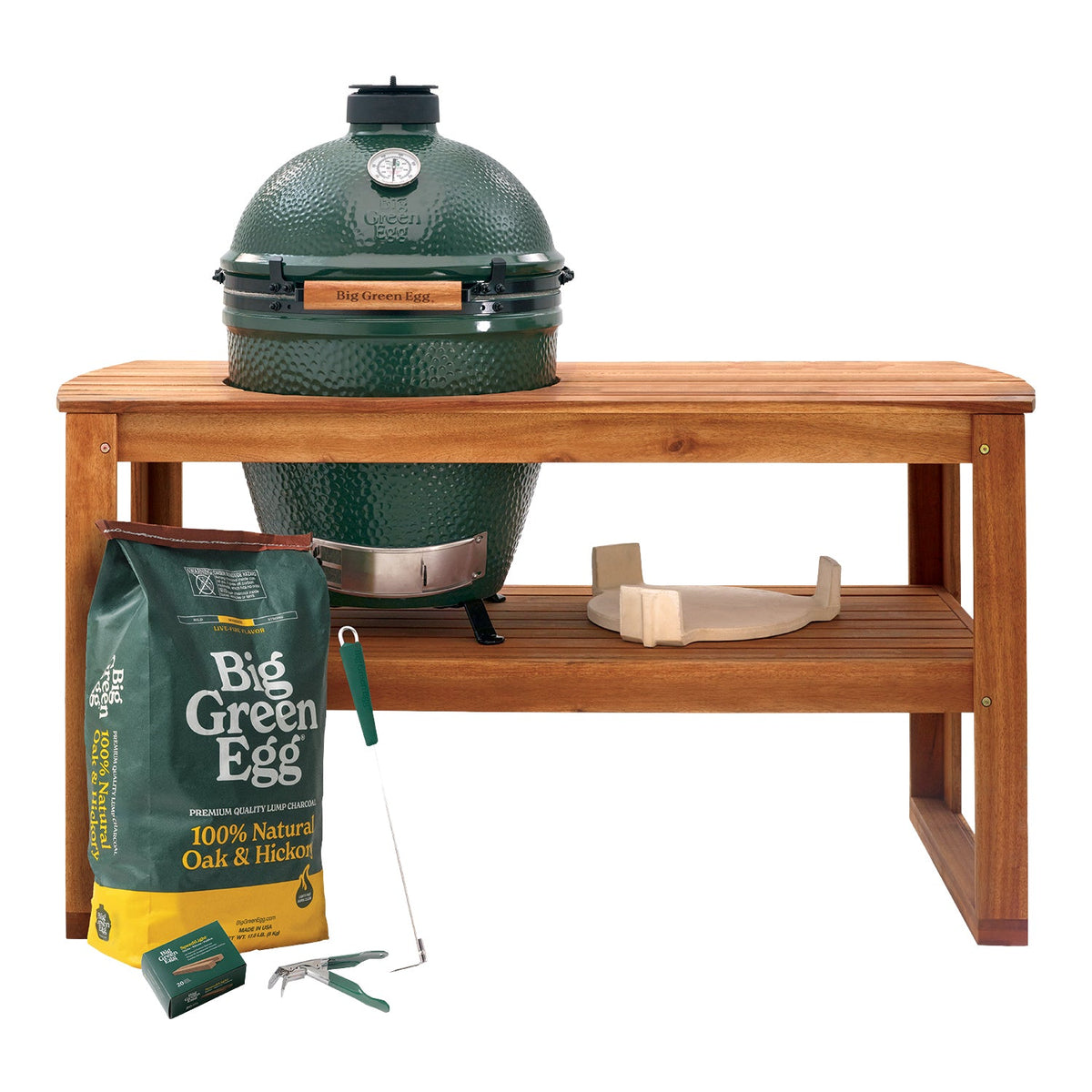 Large Big Green Egg + ensemble table en acacia