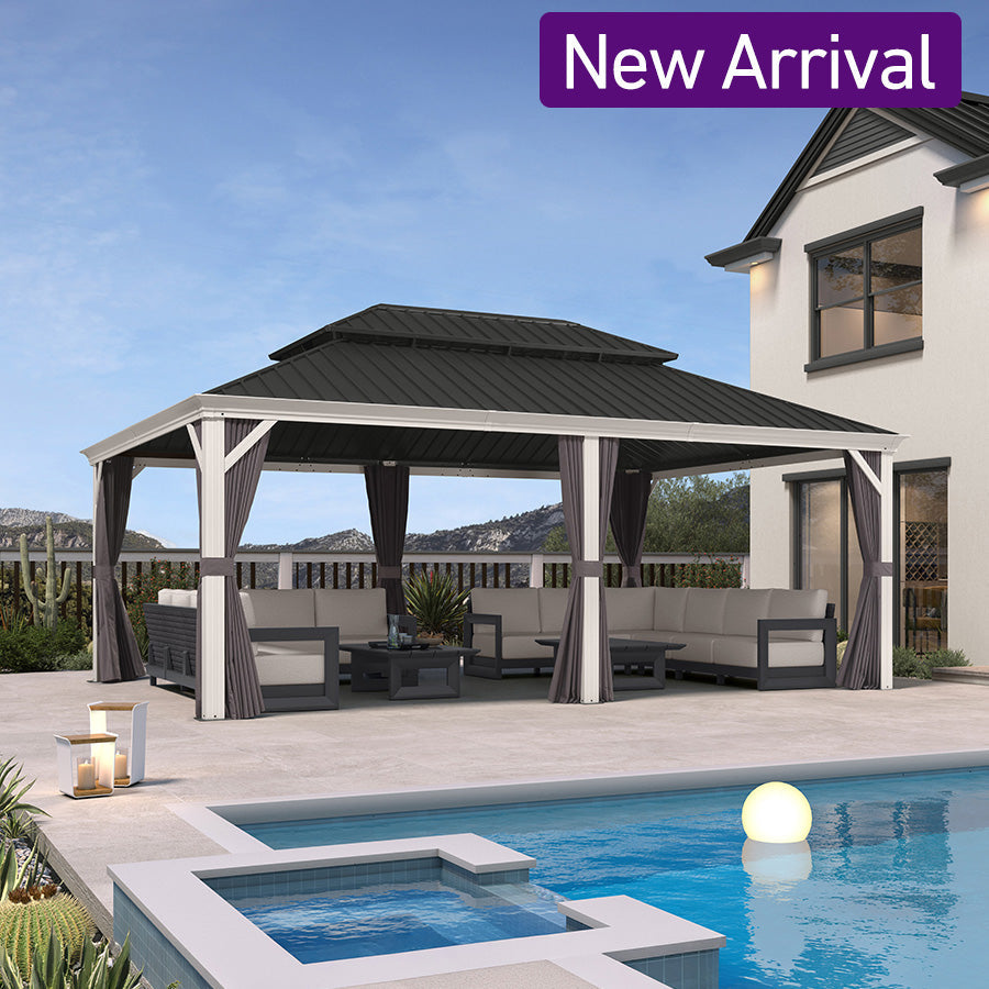 PURPLE LEAF – Pavillon blanc pour terrasse moderne avec double toit en acier galvanisé et rideau amélioré