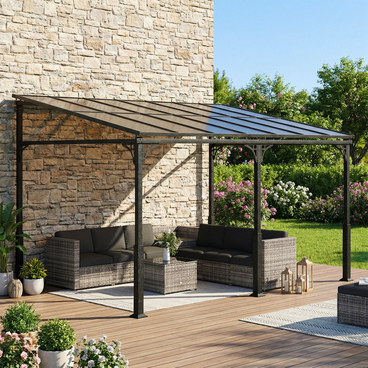 Pavillon adossé 13' x 10' avec toit en polycarbonate, marron