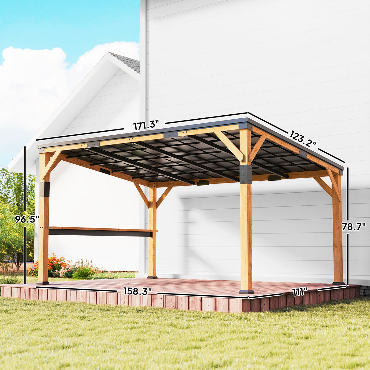 PerArbor 10' x 14' – Pavillon adossé en bois avec toit incliné en acier galvanisé et tablette de bar