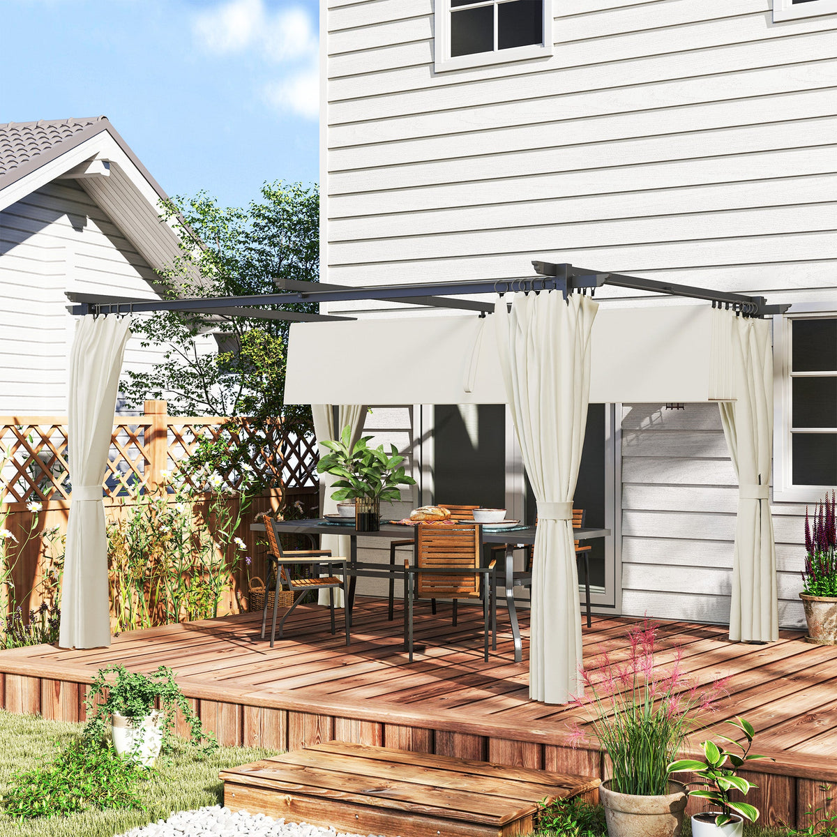 Pergola 10' x 13' avec toile rétractable et rideaux, Cream White