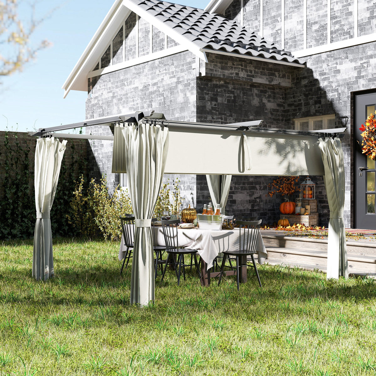 Pergola 10' x 13' avec toile rétractable et rideaux, Cream White