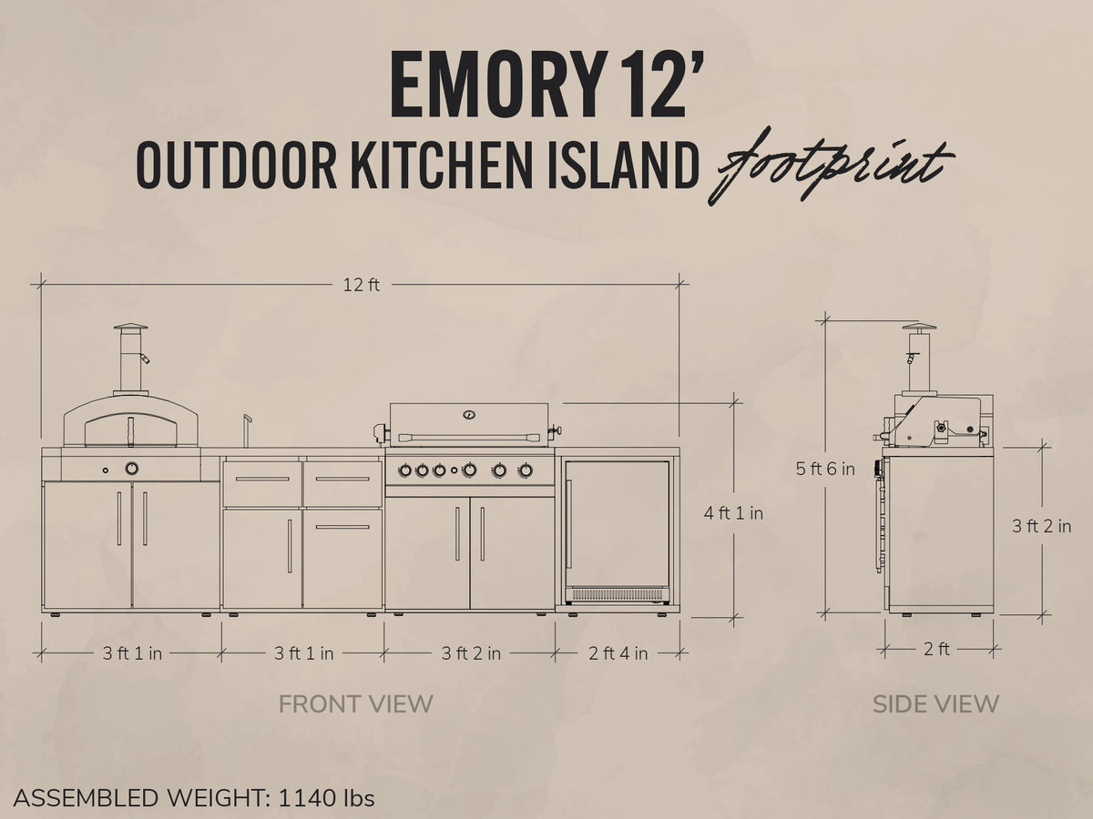 Emory | Îlot de cuisine extérieure 12-Foot avec barbecue encastrable et four à pizza