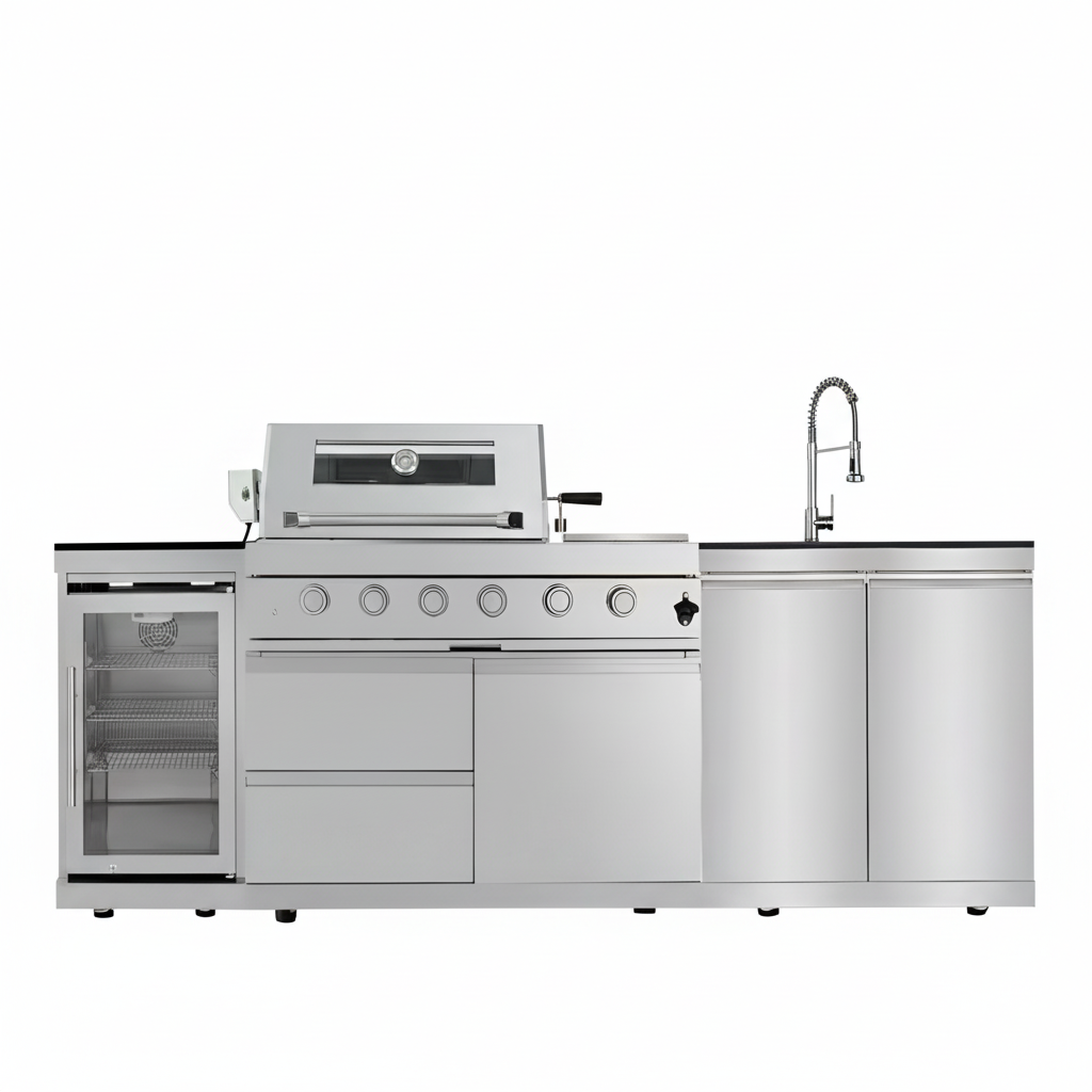 Îlot de cuisine extérieure 46 pouces avec barbecue 4 brûleurs 72,000 BTU en acier inoxydable, cave à vin et rôtissoire, Silver