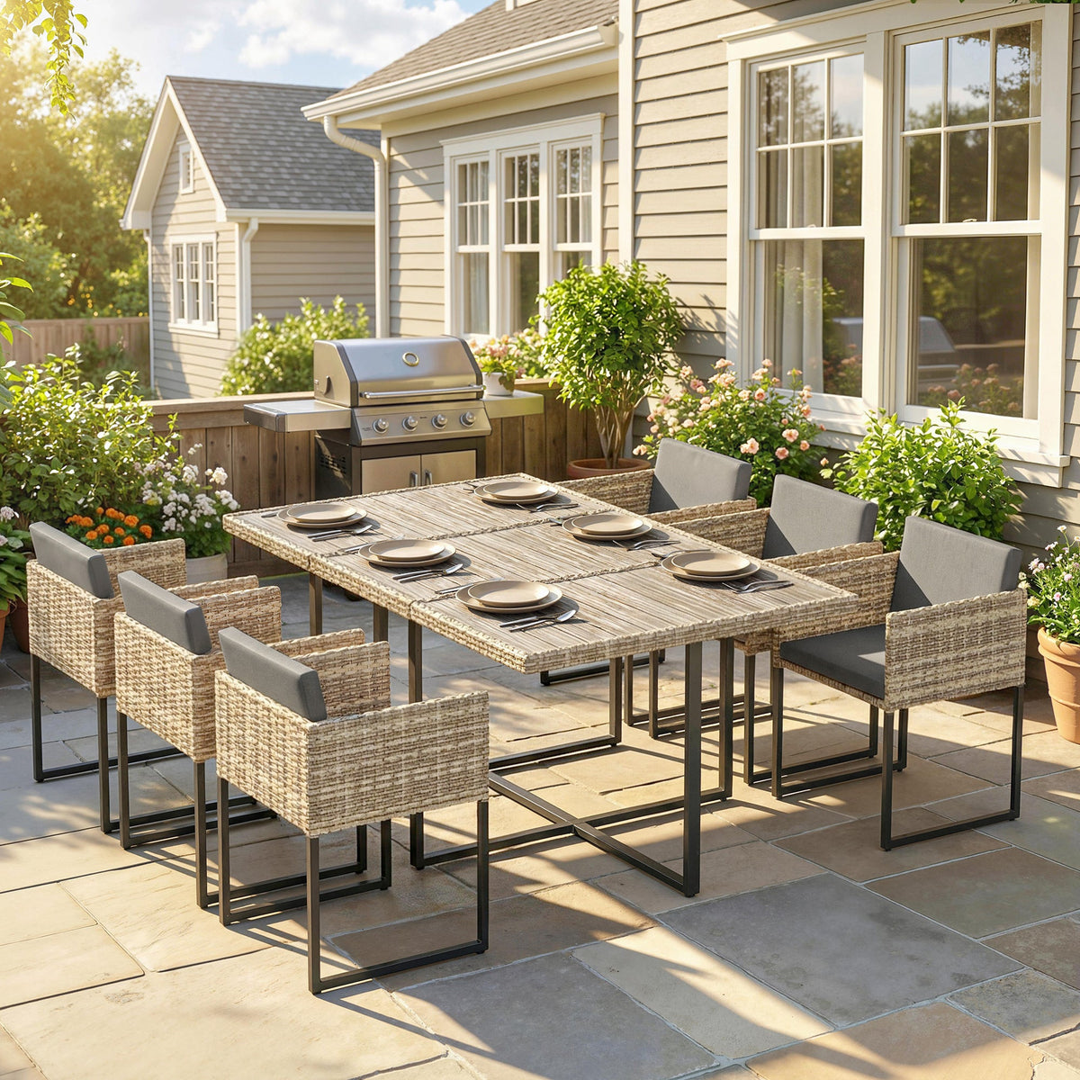 Ensemble repas en rotin 7 pièces marron clair avec table WPC, 6 chaises et 12 coussins