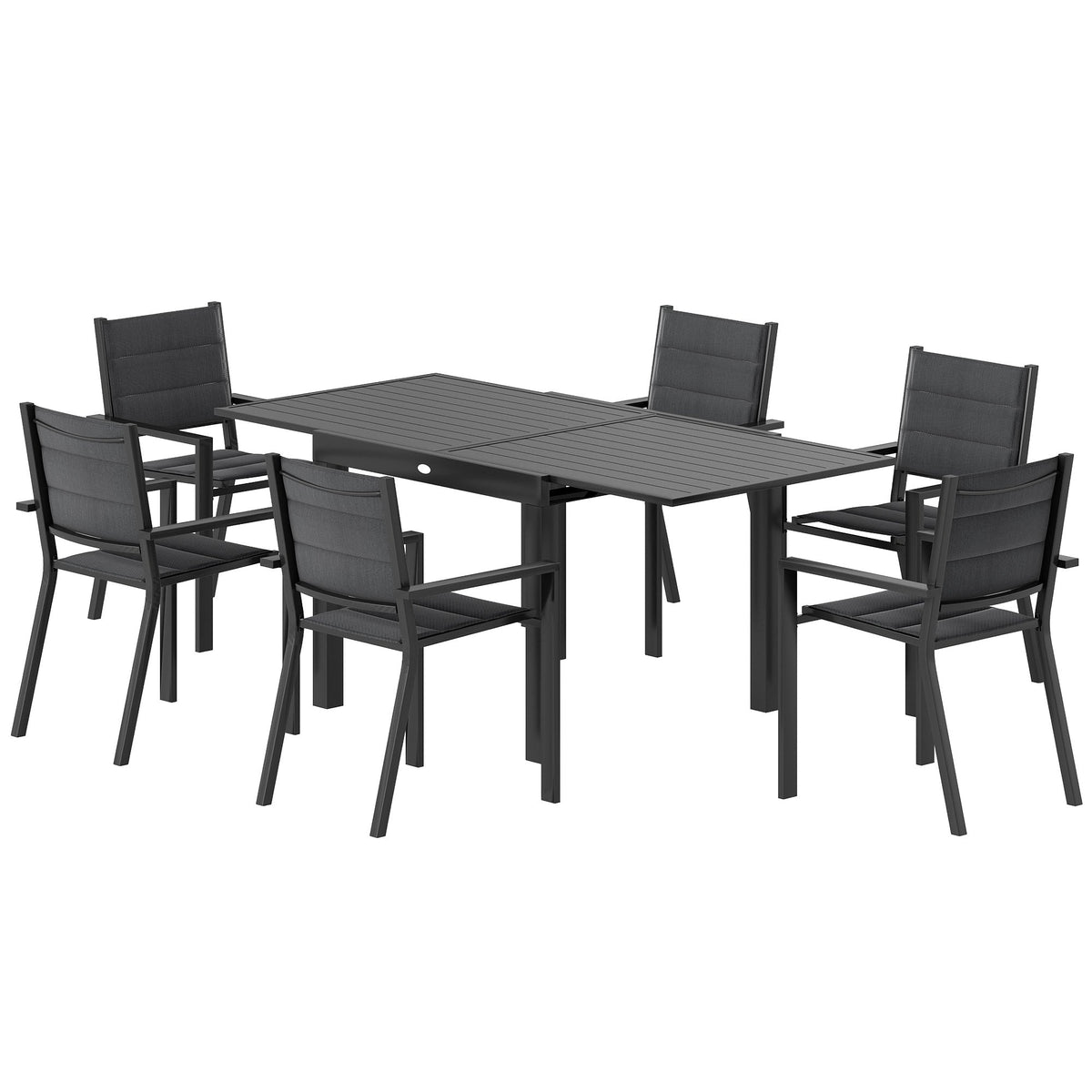Ensemble repas de terrasse 7 pièces avec table extensible et chaises empilables, noir
