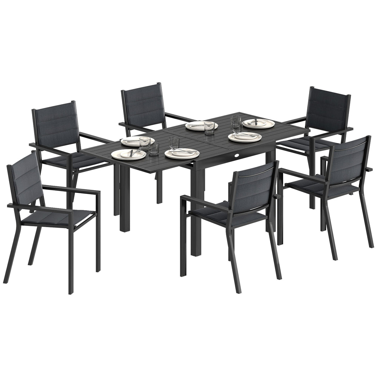 Ensemble repas de terrasse 7 pièces avec table extensible et chaises empilables, noir