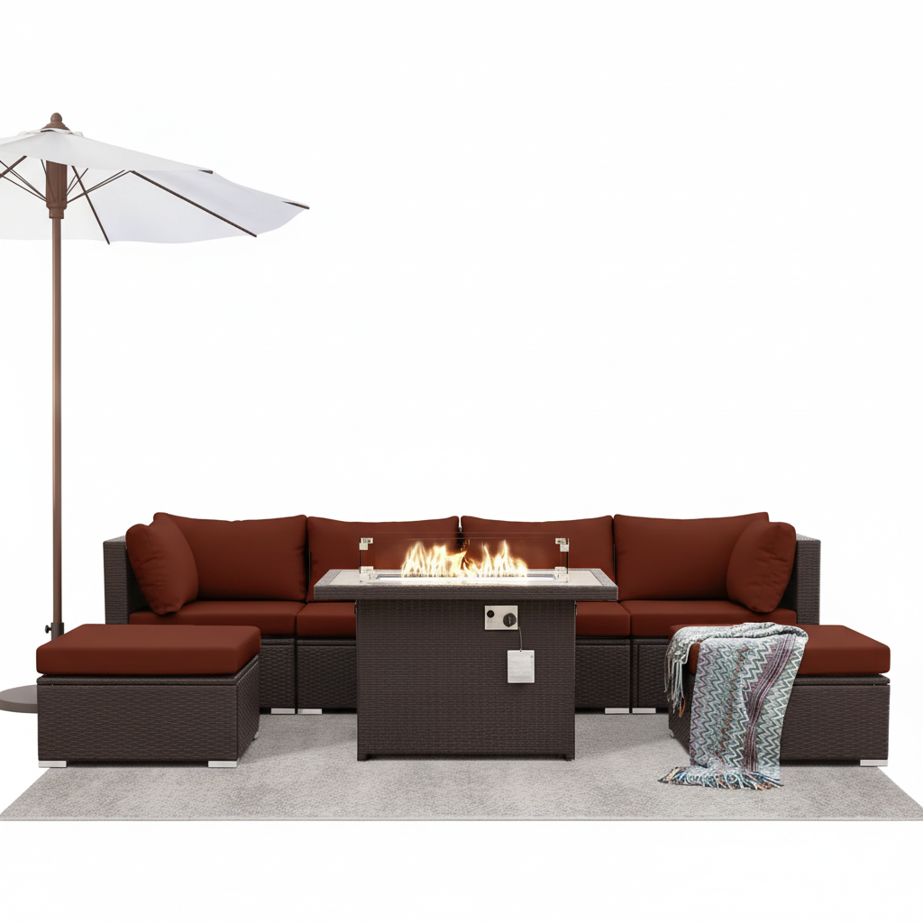 Ensemble canapé d’angle profond de terrasse 7 pièces en résine tressée Espresso avec brasero, repose-pieds et coussins Ruby Red