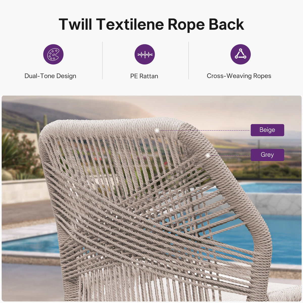 PURPLE LEAF – Lot de 4 tabourets de bar extérieurs en aluminium avec dossier, rotin tressé moderne style bohème pour jardin et piscine