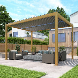Pergola bioclimatique autoportante en aluminium aspect bois 4x3m - X-METAL - mon-abri-de-jardin.com